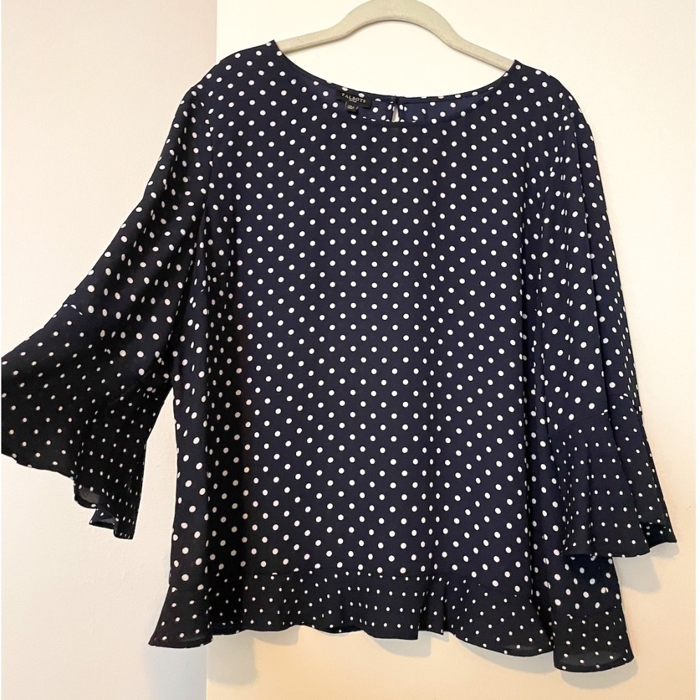 Talbots Navy/White Polka-Dot Ruffle Sleeve Top - Petite XL